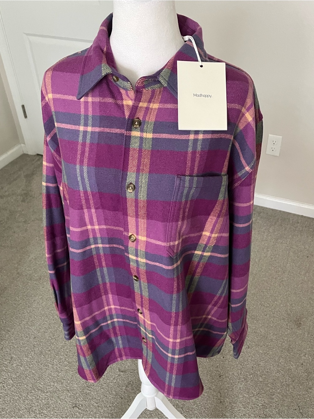 NWT Madhappy Wool Purple Plaid Buttondown Shirt Size Large (May Fit Up To XXL) - Picture 4 of 12